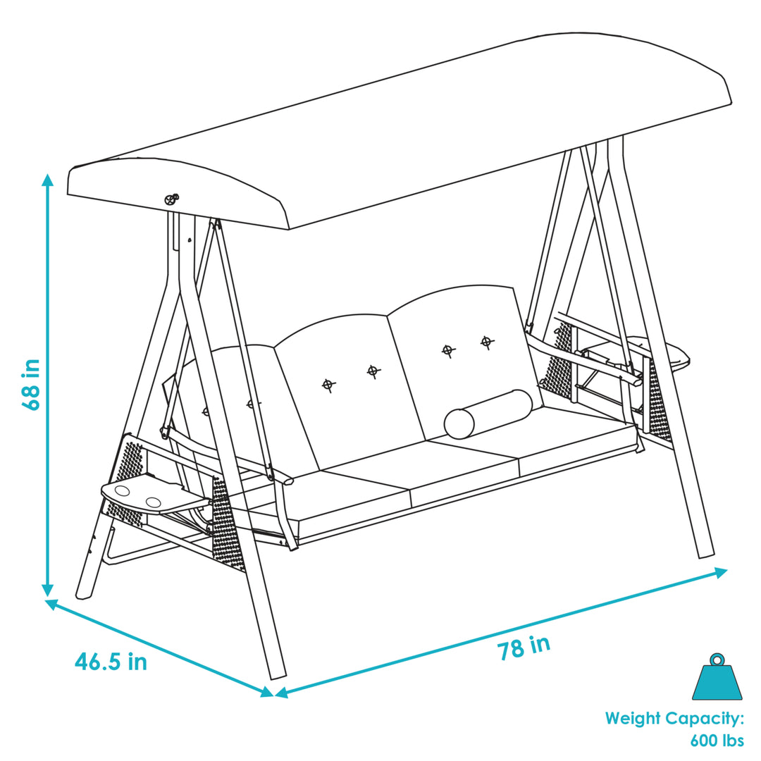 Sunnydaze 3-Person Steel Patio Swing Bench with Side Tables/Canopy - Beige Image 3