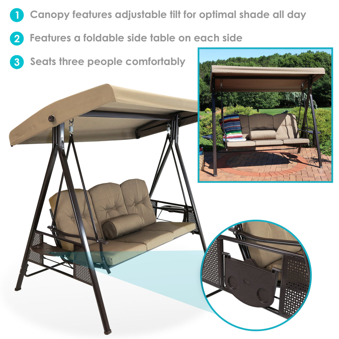 Sunnydaze 3-Person Steel Patio Swing Bench with Side Tables/Canopy - Beige Image 4