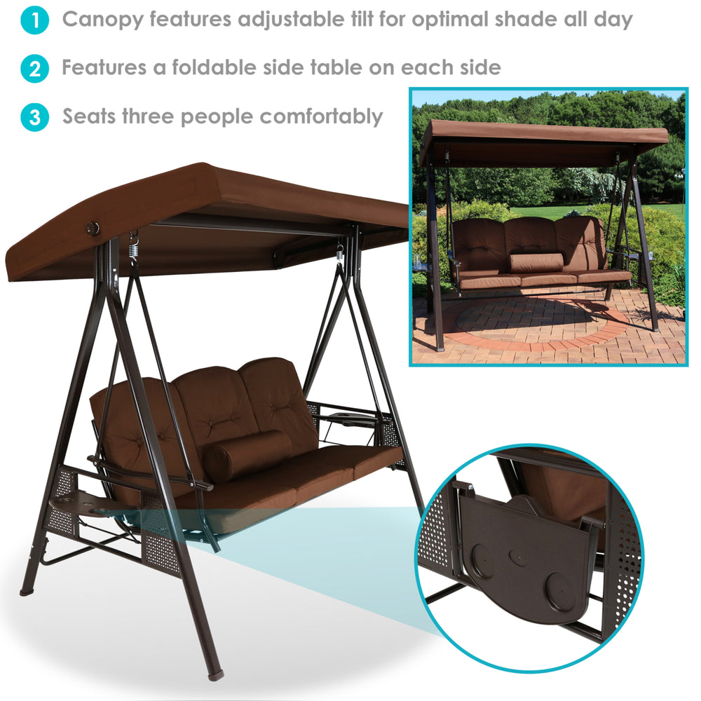 Sunnydaze 3-Person Steel Patio Swing Bench with Side Tables/Canopy - Brown Image 2