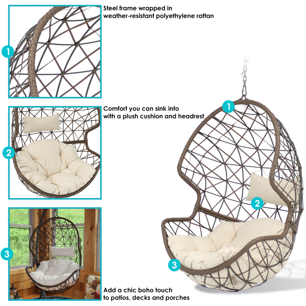 Sunnydaze Brown Resin Wicker Basket Hanging Egg Chair with Cushions - Beige Image 2