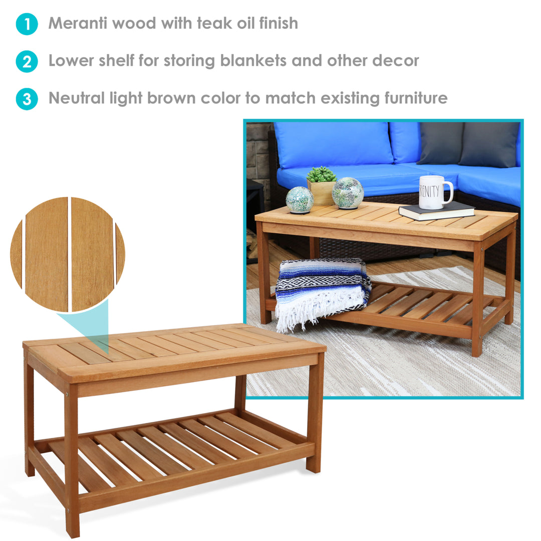 Sunnydaze 35.25 in Meranti Wood Rectangular Patio Coffee Table with Shelf Image 2