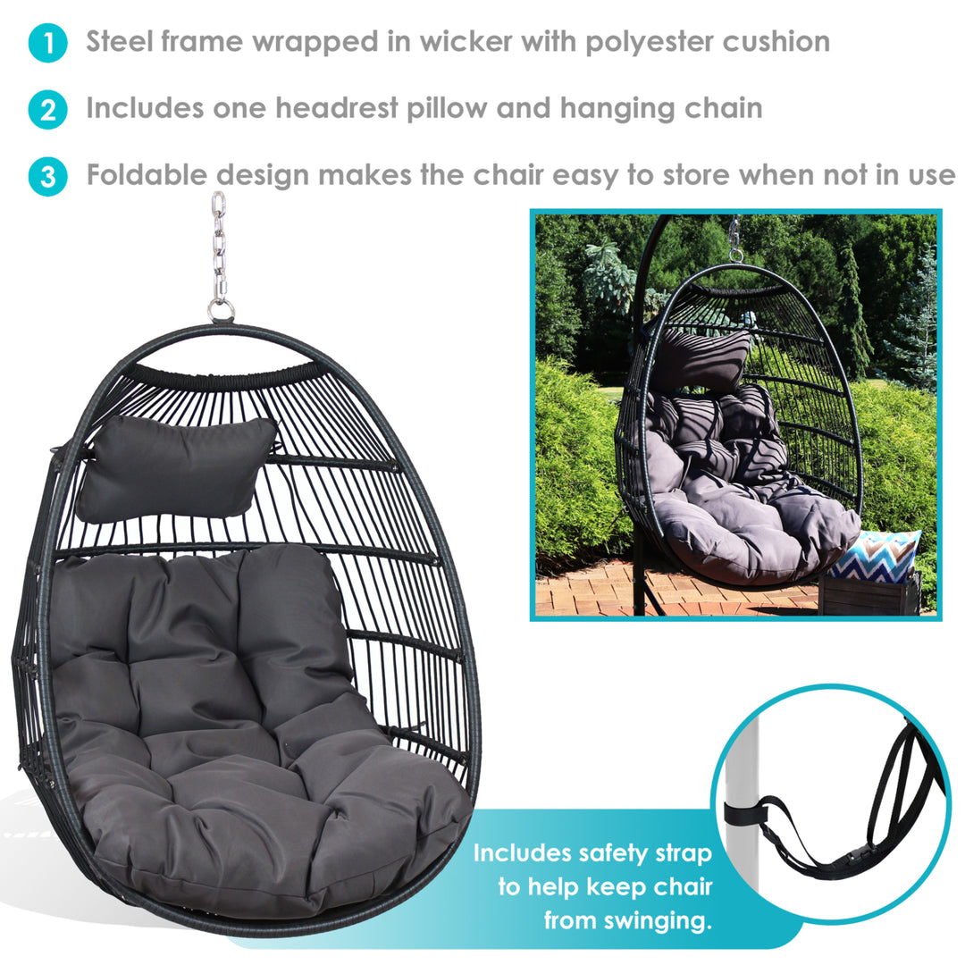Sunnydaze Black Polyethylene Wicker Hanging Egg Chair with Cushions - Gray Image 4