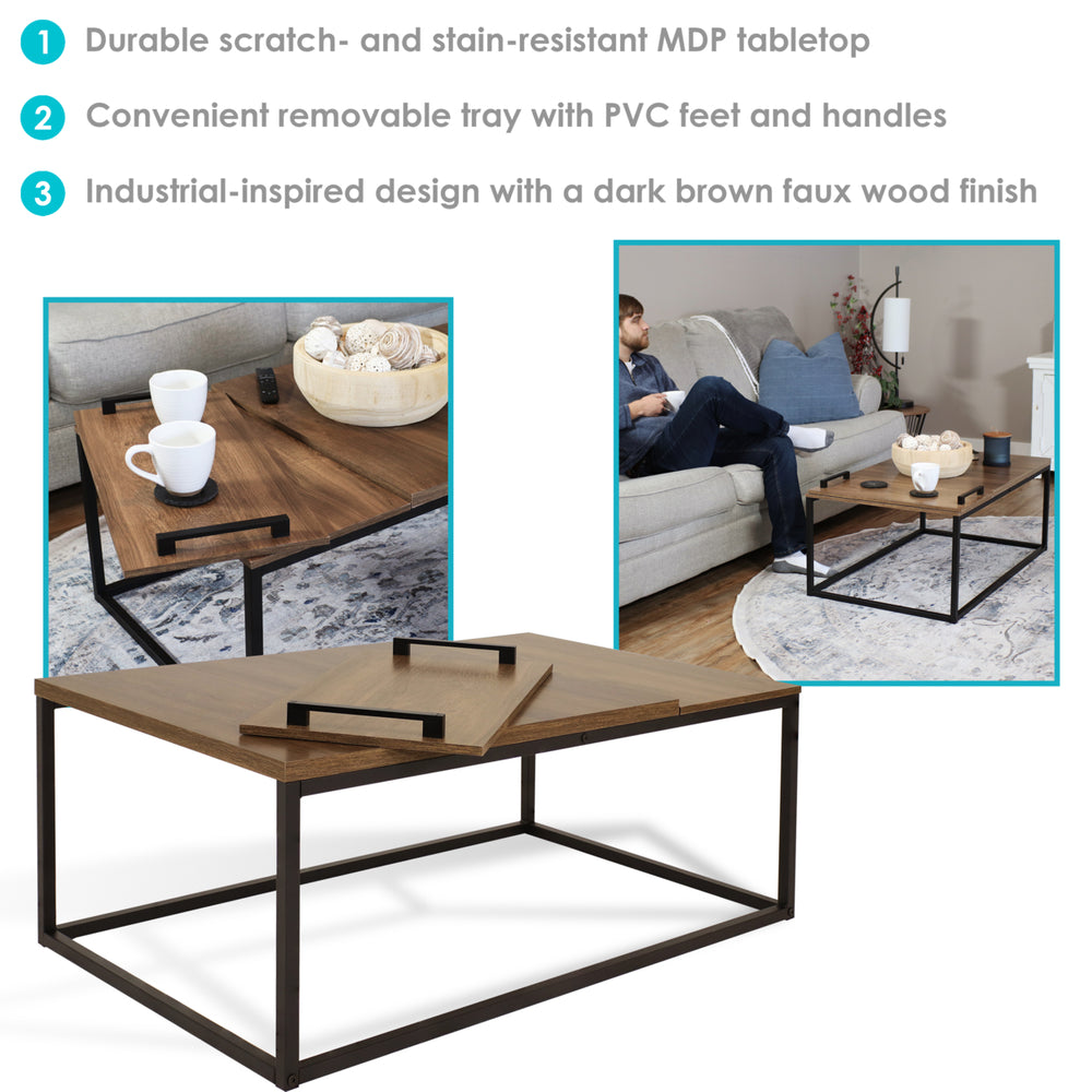 Sunnydaze Industrial Coffee Table with Removable Serving Tray - 16 in H Image 2