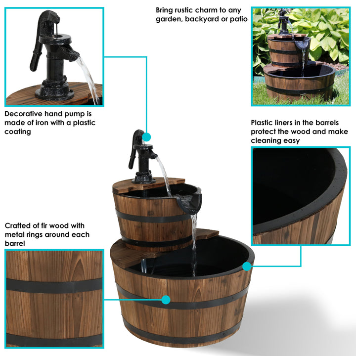 Sunnydaze Wooden Bowl/Barrel Water Fountain with Hand Pump/Liner - 23 in Image 2