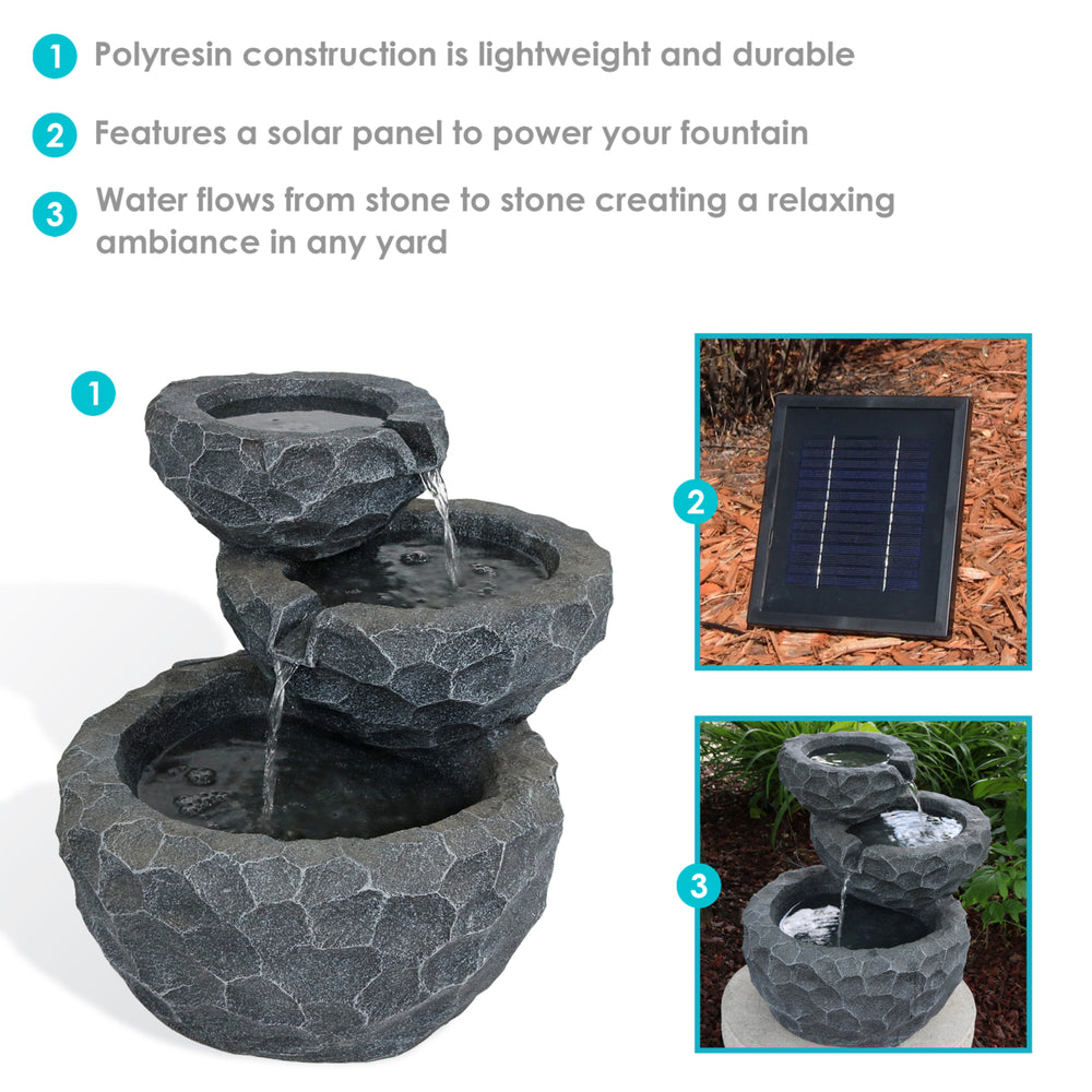 Sunnydaze 3-Tier Chiseled Basin Solar Water Fountain with Battery - 17 in Image 2