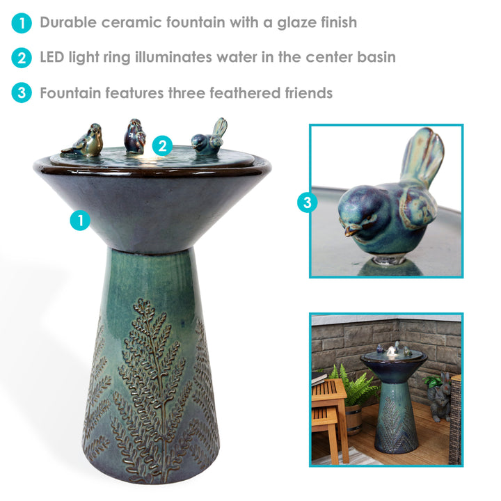 Sunnydaze Gathering Birds Ceramic Outdoor Fountain with LED Lights - 28 in Image 2