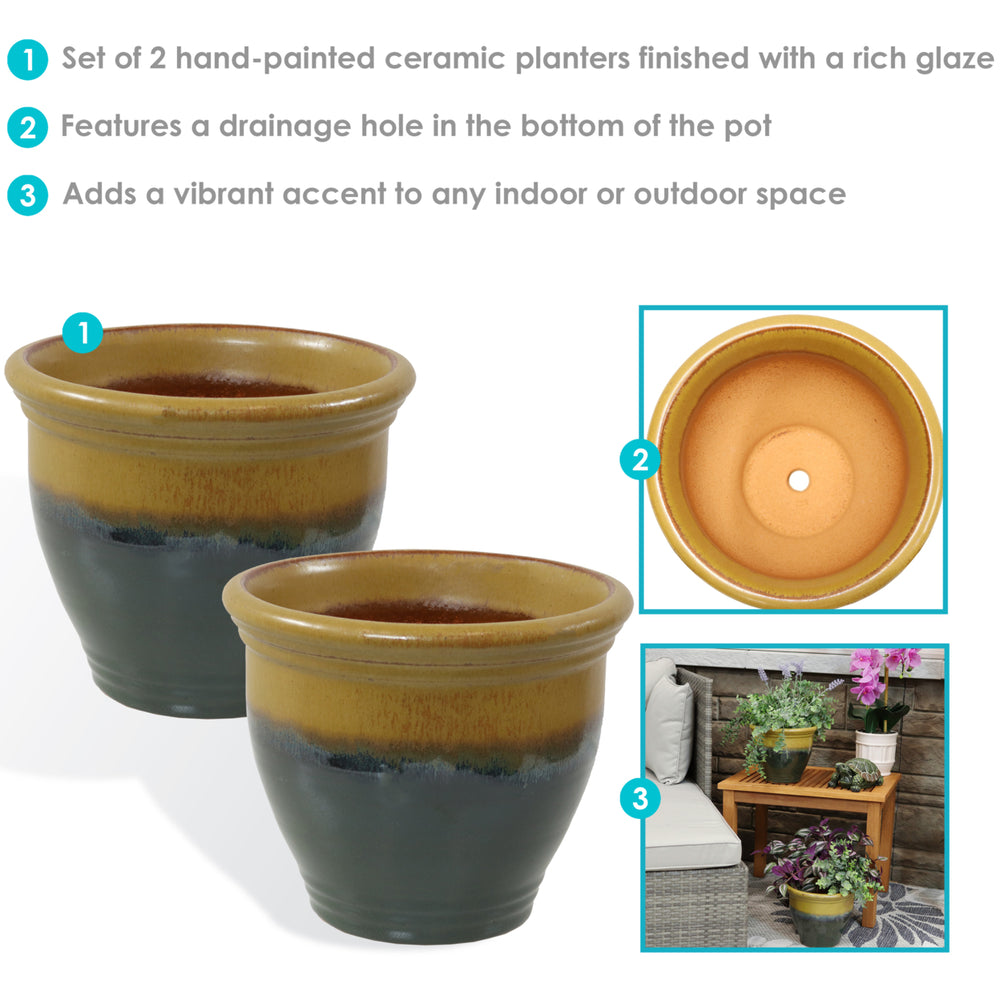 Sunnydaze 9 in Studio Glazed Ceramic Planter - Forest Lake Green - Set of 2 Image 2