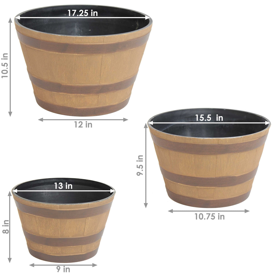 Sunnydaze Resin Rustic Cask Outdoor Planter 13 in, 15 in, 17 in - Set of 3 Image 2