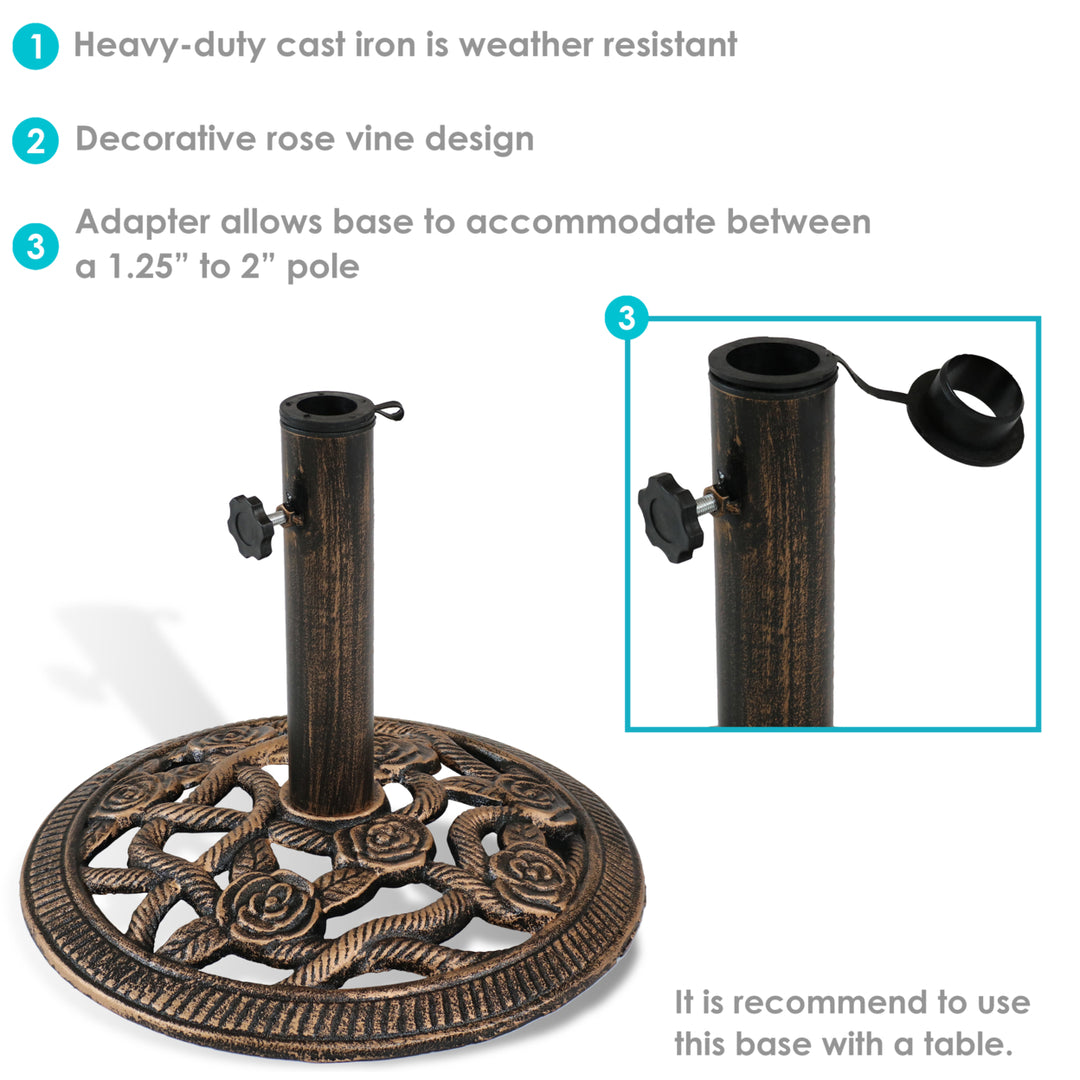 Sunnydaze 16 in Rose Blossom Cast Iron Round Patio Umbrella Base - Bronze Image 2