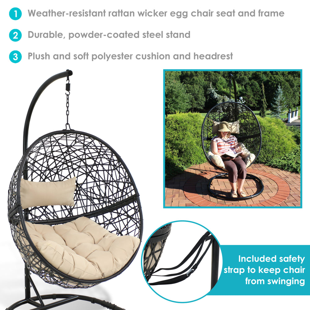 Sunnydaze Resin Wicker Hanging Egg Chair with Steel Stand/Cushion - Beige Image 2