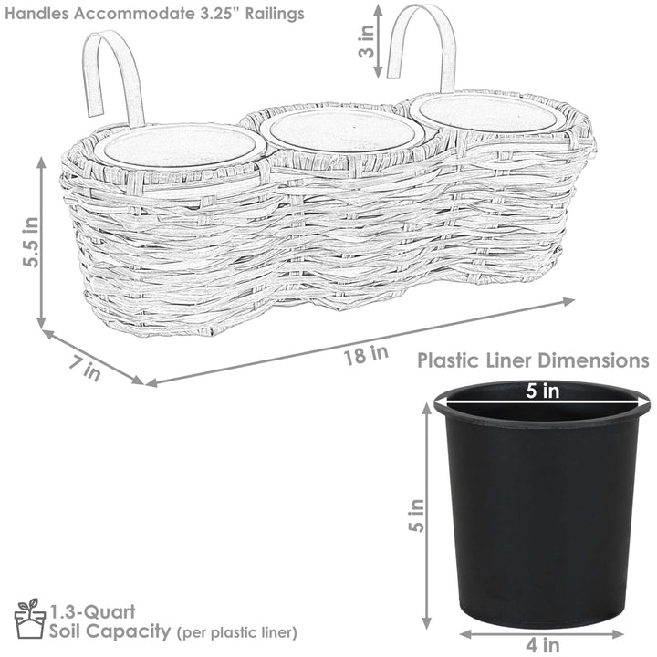 Sunnydaze Polyrattan Hanging Over-the-Rail Tri-Planter and Liner - Frost Image 3