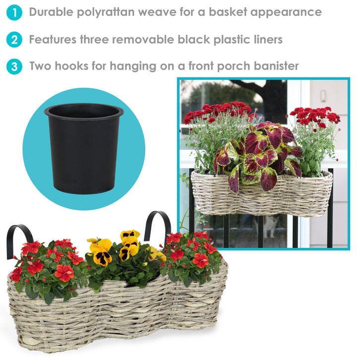 Sunnydaze Polyrattan Hanging Over-the-Rail Tri-Planter and Liner - Frost Image 2