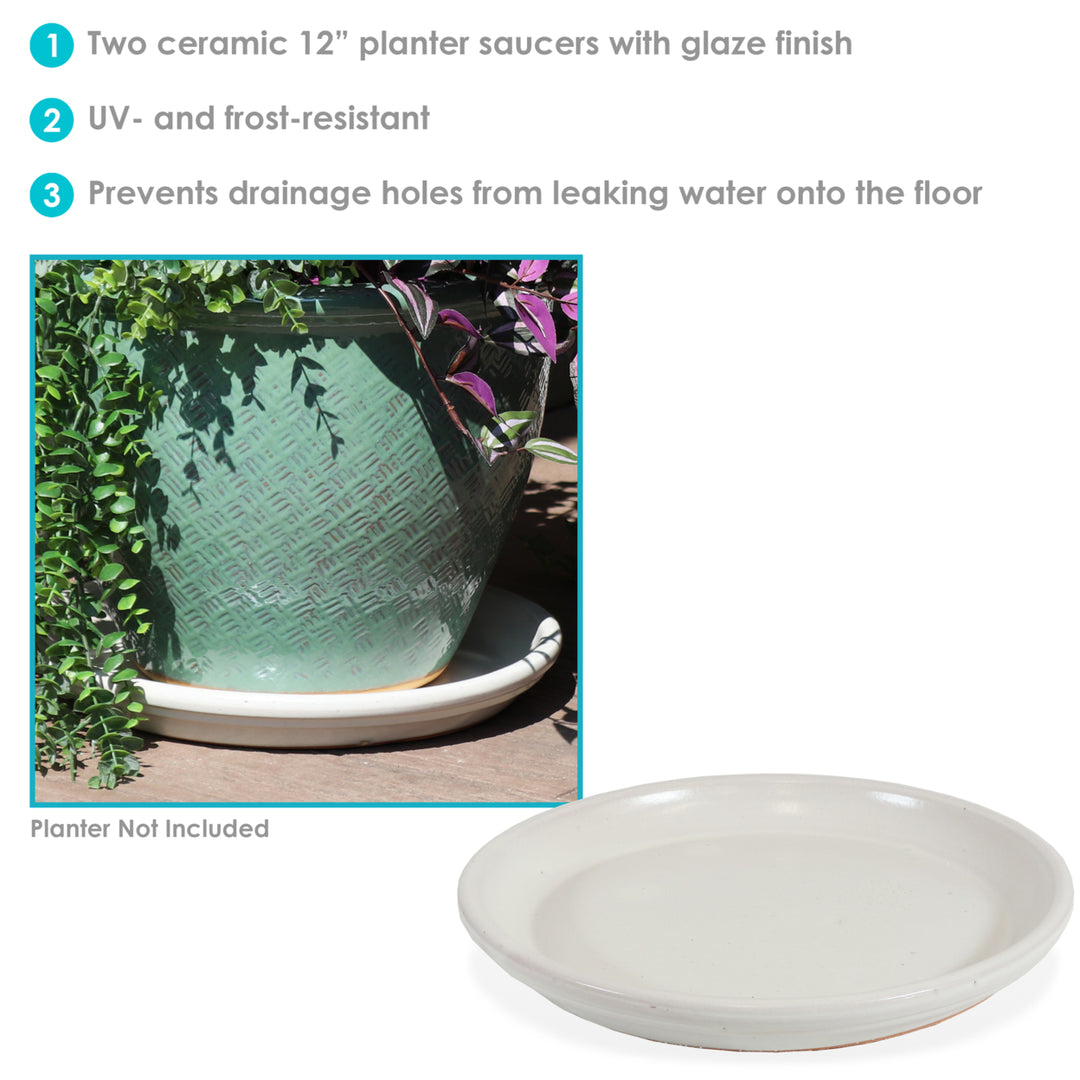 Sunnydaze 12 in Glazed Ceramic Flower Pot/Plant Saucer - Pearl - Set of 2 Image 4
