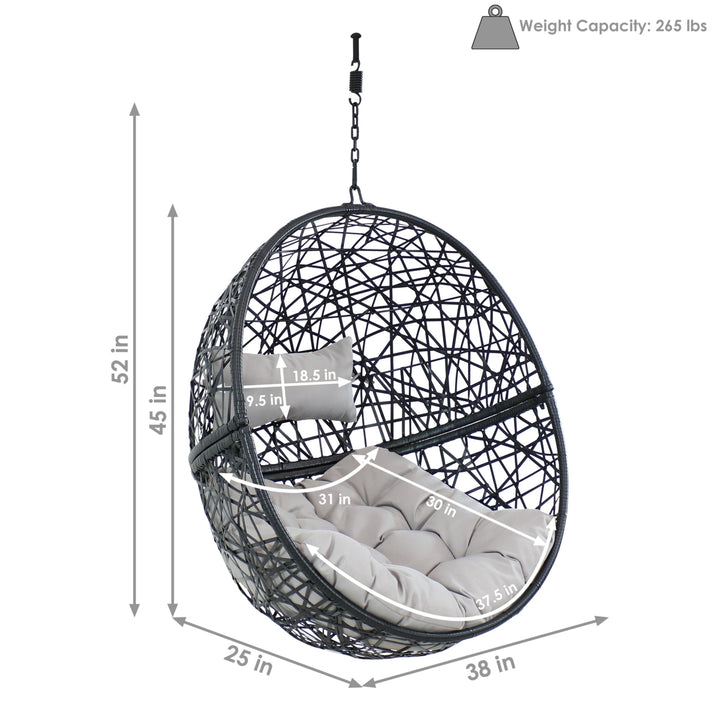 Sunnydaze Black Resin Wicker Round Hanging Egg Chair with Cushions - Gray Image 3