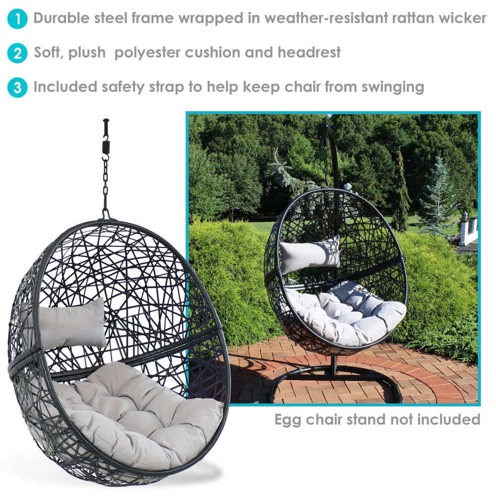 Sunnydaze Black Resin Wicker Round Hanging Egg Chair with Cushions - Gray Image 2