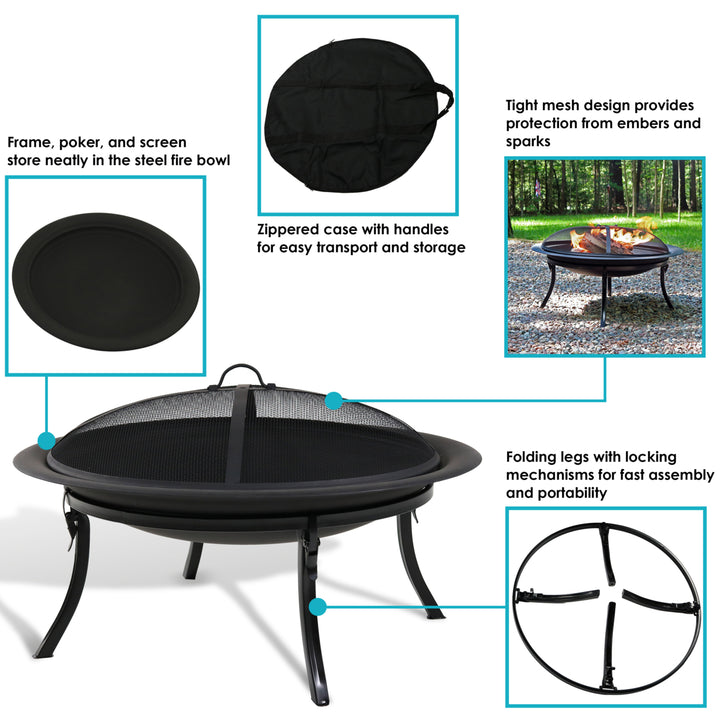 Sunnydaze 29 in Steel Fire Pit Bowl with Folding Stand, Case, and Screen Image 2