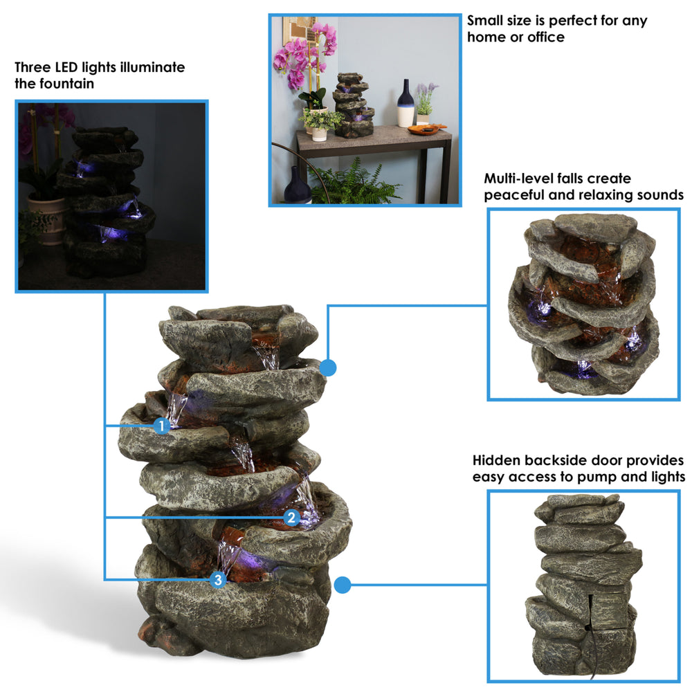 Sunnydaze Stone Falls Polyresin 6-Tier Indoor Fountain with LED - 15 in Image 2