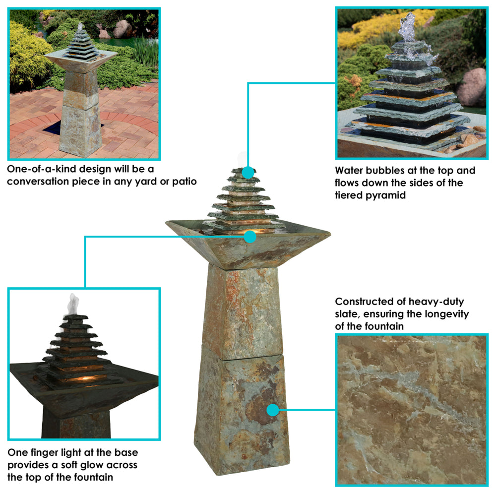 Sunnydaze Layered Slate Pyramid Water Fountain with LED Lights - 40 in Image 2