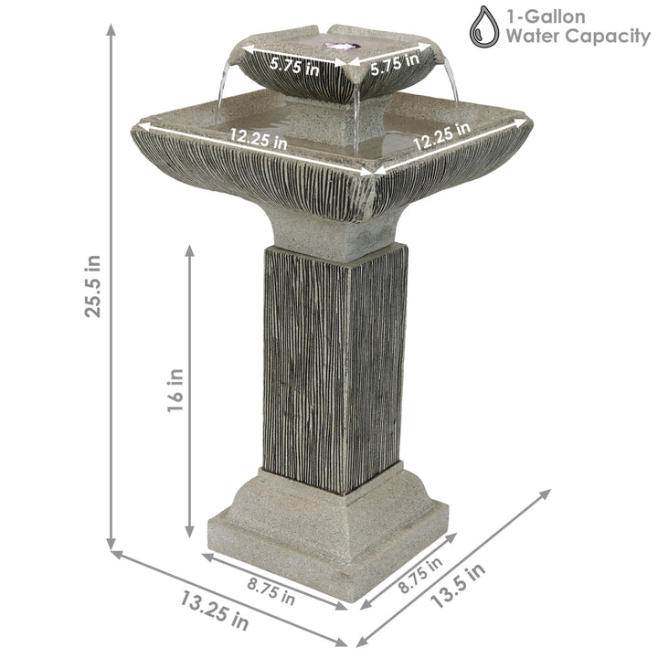 Sunnydaze Square Resin Outdoor 2-Tier Bird Bath Water Fountain with Lights Image 3