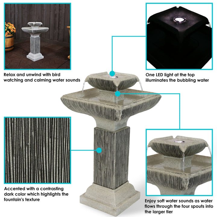 Sunnydaze Square Resin Outdoor 2-Tier Bird Bath Water Fountain with Lights Image 2