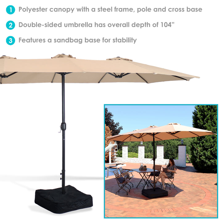 Sunnydaze 15 ft Steel Double-Sided Patio Umbrella with Sandbag Base - Tan Image 2