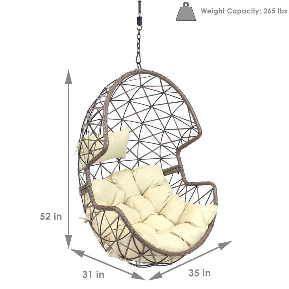 Sunnydaze Resin Wicker Basket Hanging Egg Chair with Cushions - Beige Image 2