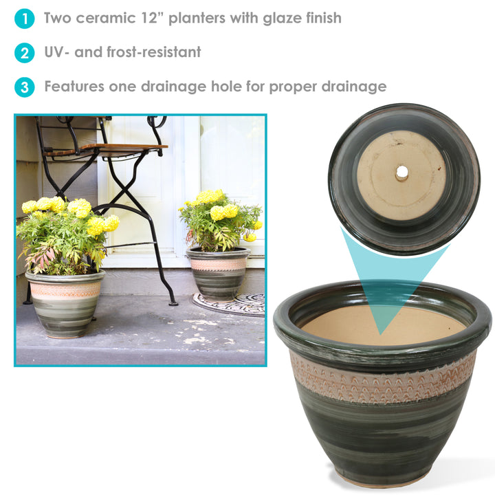 Sunnydaze Purlieu Ceramic Planter - 12" - Tempest - Set of 2 Image 2