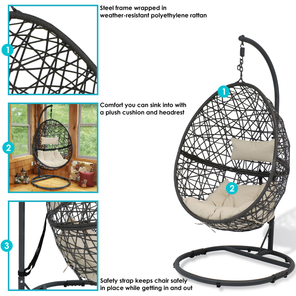 Sunnydaze Resin Wicker Hanging Egg Chair with Steel Stand/Cushions - Beige Image 2