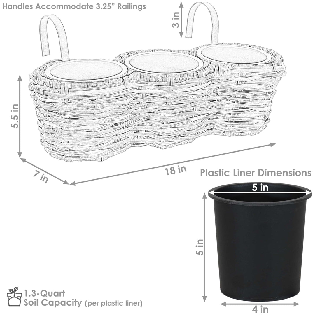 Sunnydaze Polyrattan Hanging Over-the-Rail Tri-Planter and Liner - Charcoal Image 3