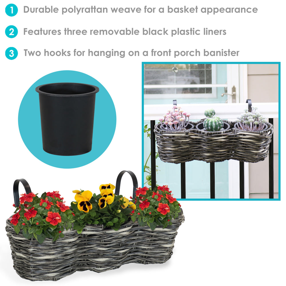 Sunnydaze Polyrattan Hanging Over-the-Rail Tri-Planter and Liner - Charcoal Image 2