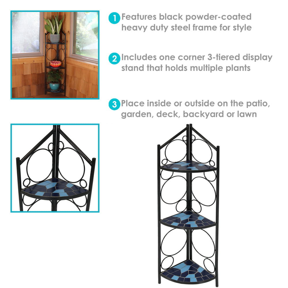 Sunnydaze Black Steel/Blue Mosaic Shelves 3-Tier Corner Plant Stand - 44 in Image 2