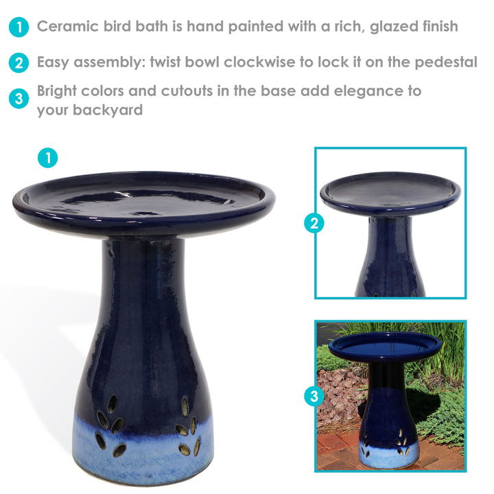 Classic Duo-Tone Cut-Out Ceramic Bird Bath - 20.5 in - Dark Blue by Sunnydaze Image 4