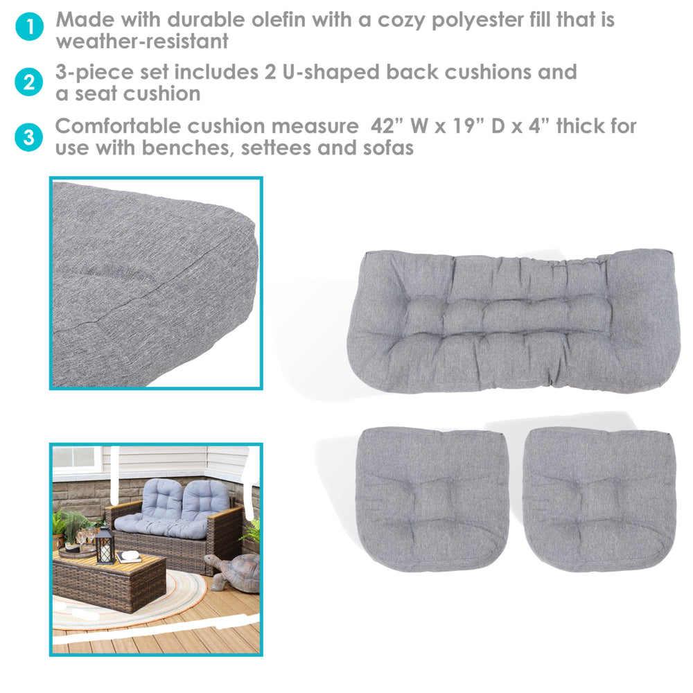 Sunnydaze Olefin 3-Piece Tufted Settee Outdoor Cushion Set - Gray Image 2