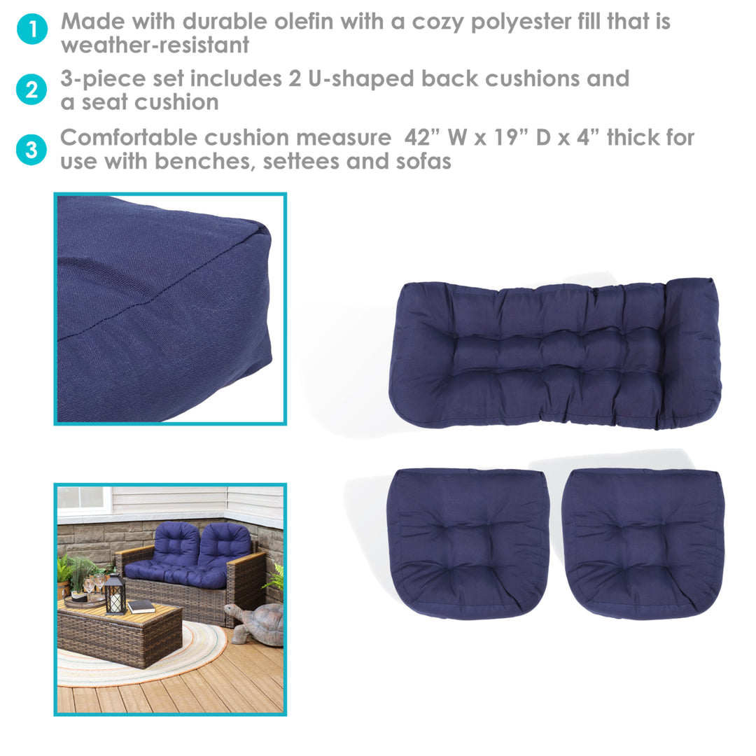 Sunnydaze Indoor/Outdoor Olefin 3-Piece Tufted Settee Cushion Set - Blue Image 4