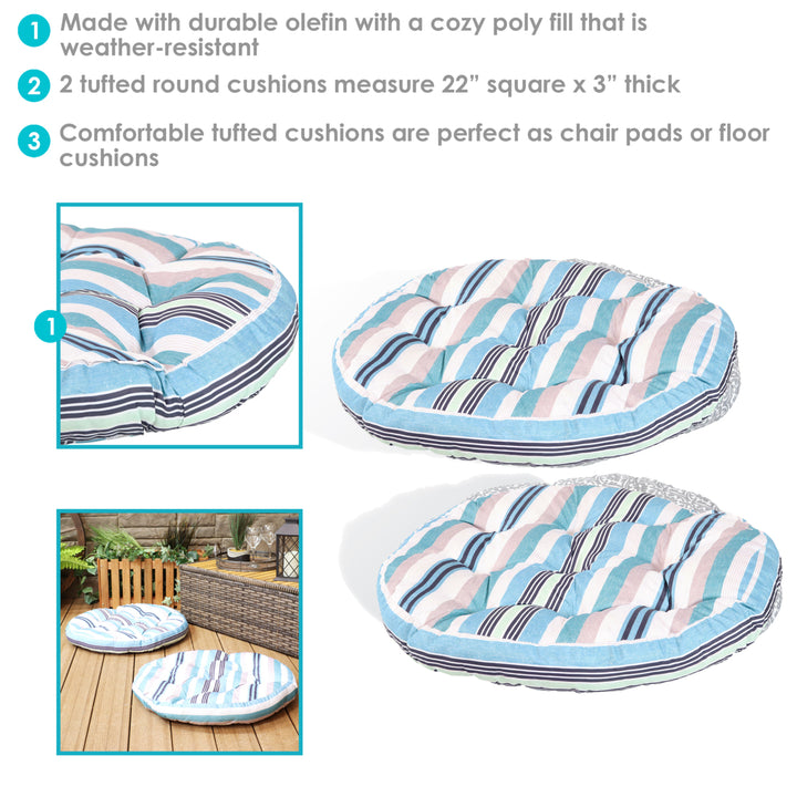 Sunnydaze Outdoor Round Polyester Floor Cushion - Seaside Stripe - Set of 2 Image 4