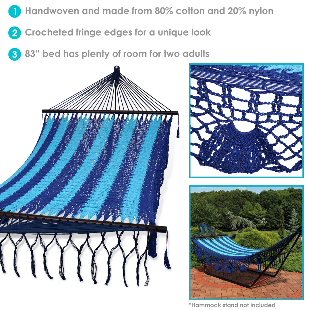 Sunnydaze 2-Person Woven Rope Hammock with Spreader Bars and Fringe - Blue Image 2