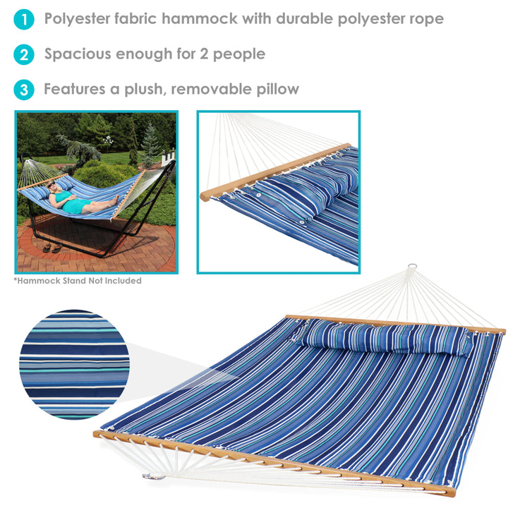 Sunnydaze Large Quilted Hammock with Spreader Bar and Pillow - Blue Stripe Image 2