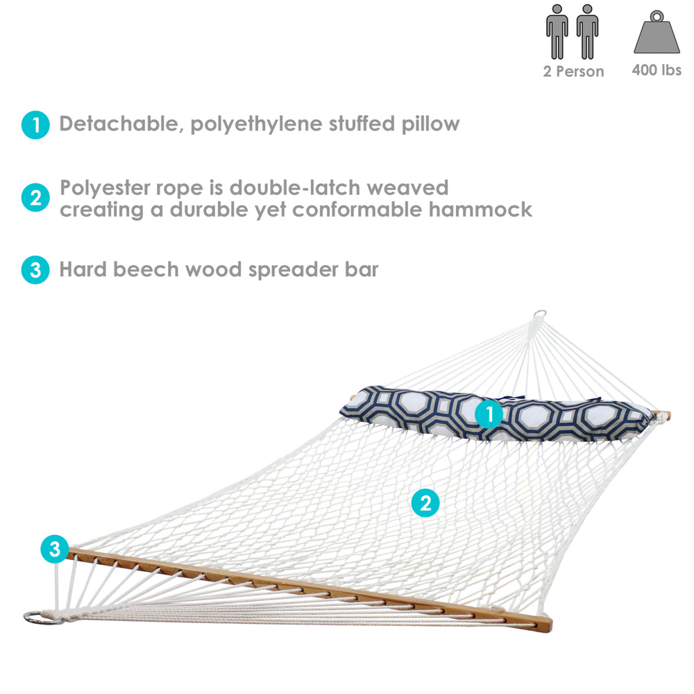 Sunnydaze Large Polyester Rope Hammock with Spreader Bar and Pillow - White Image 2