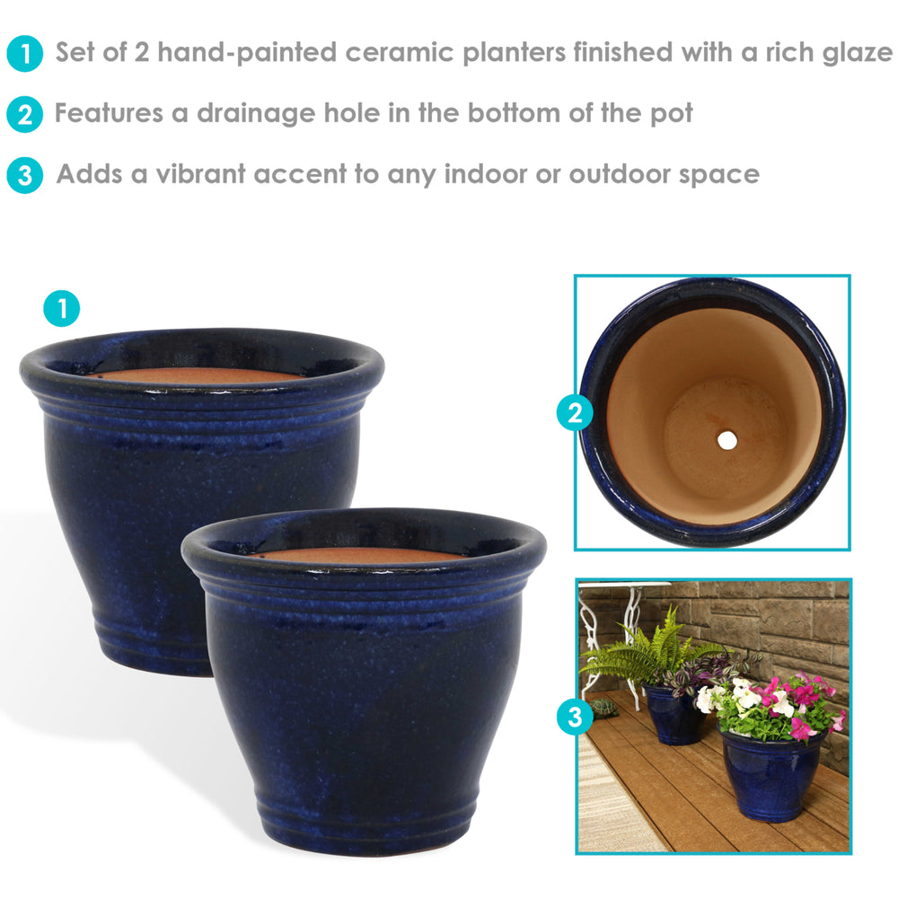 Sunnydaze 11 in Studio Glazed Ceramic Planter - Imperial Blue - Set of 2 Image 2