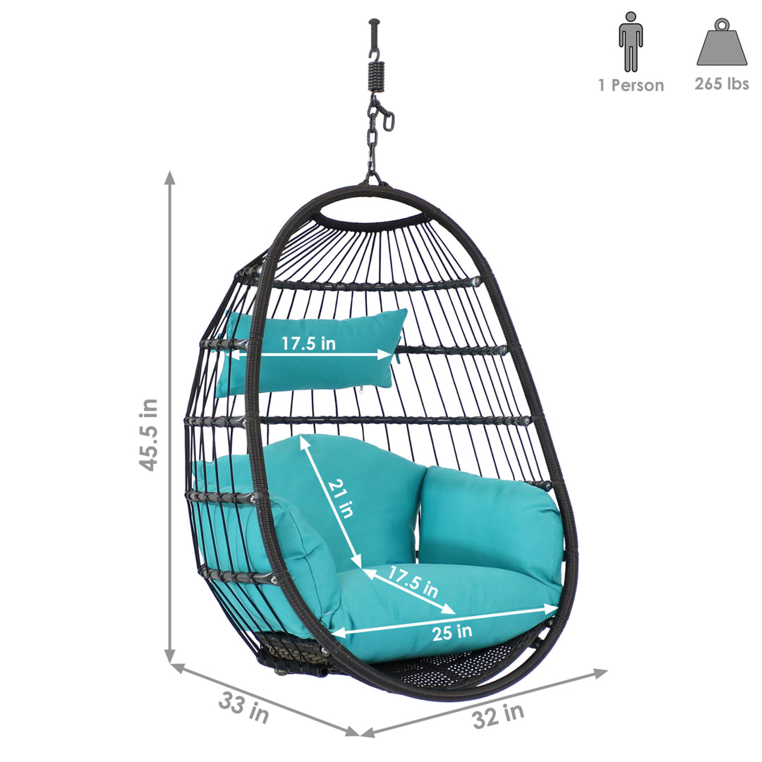 Sunnydaze Resin Wicker Hanging Egg Chair with Polyester Cushions - Blue Image 3