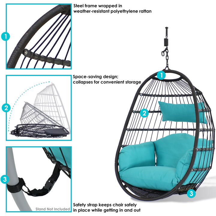 Sunnydaze Resin Wicker Hanging Egg Chair with Polyester Cushions - Blue Image 4
