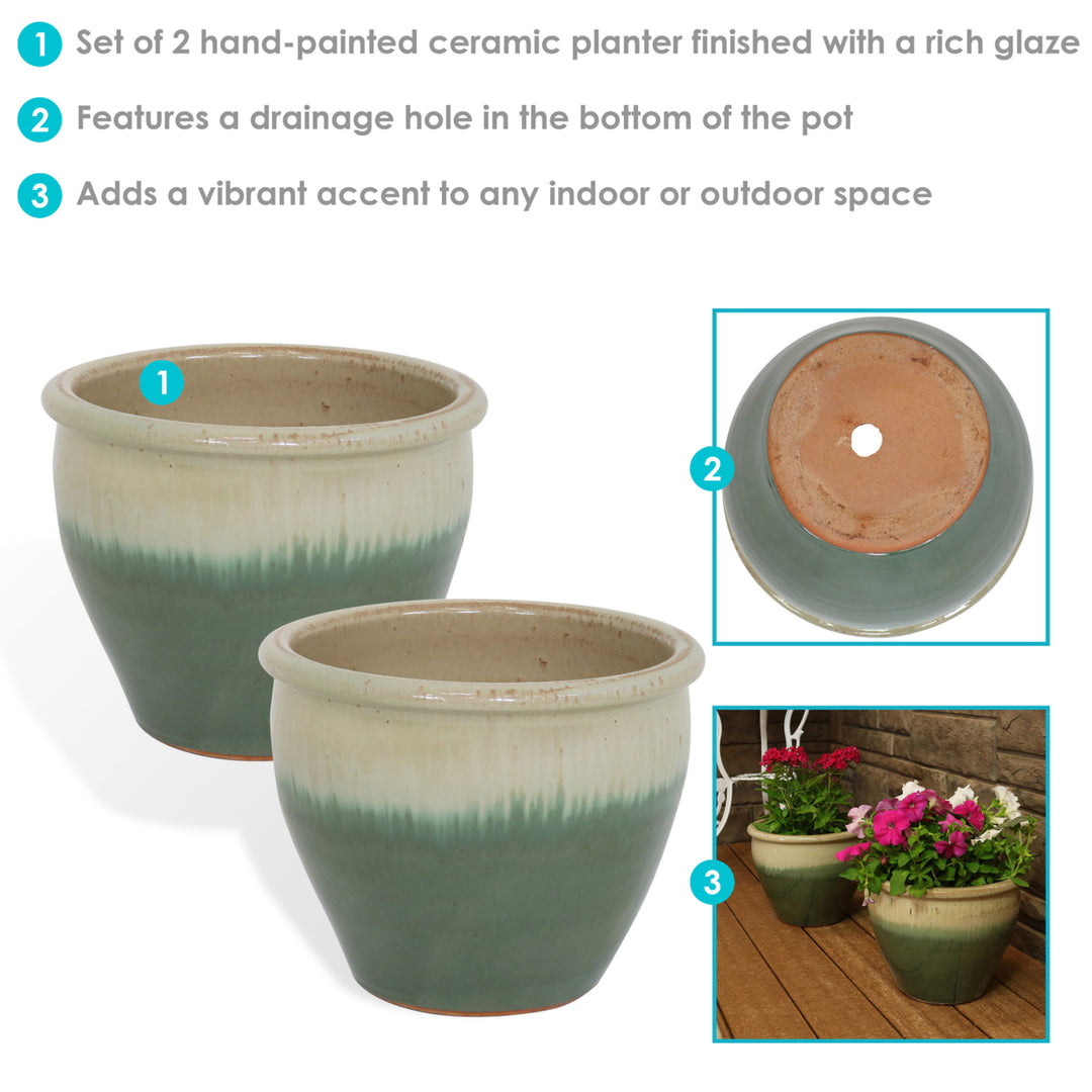 Sunnydaze 12 in Chalet Glazed Ceramic Planter - Seafoam - Set of 2 Image 2