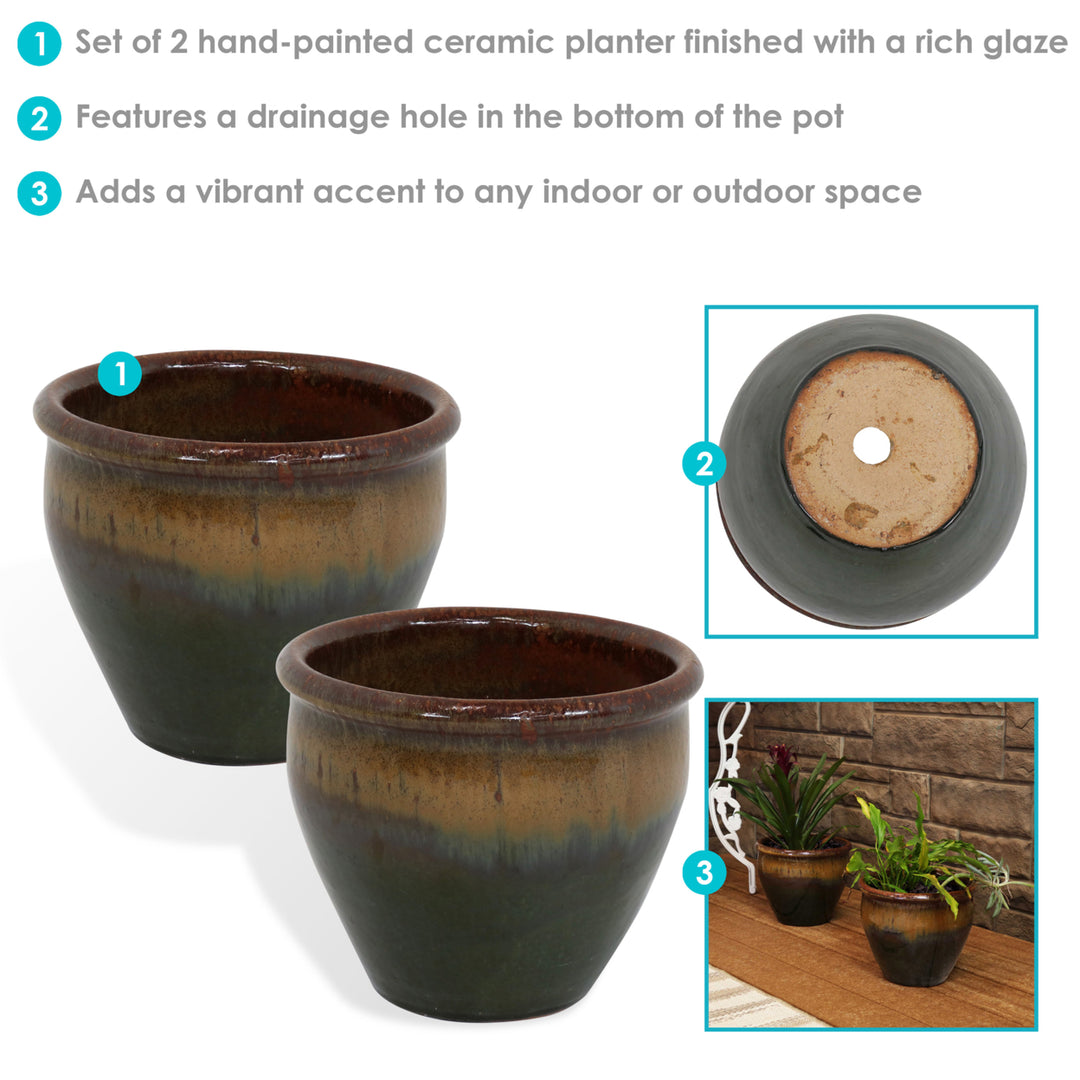 Sunnydaze 9 in Chalet Glazed Ceramic Planter - Forest Lake Green - Set of 2 Image 2