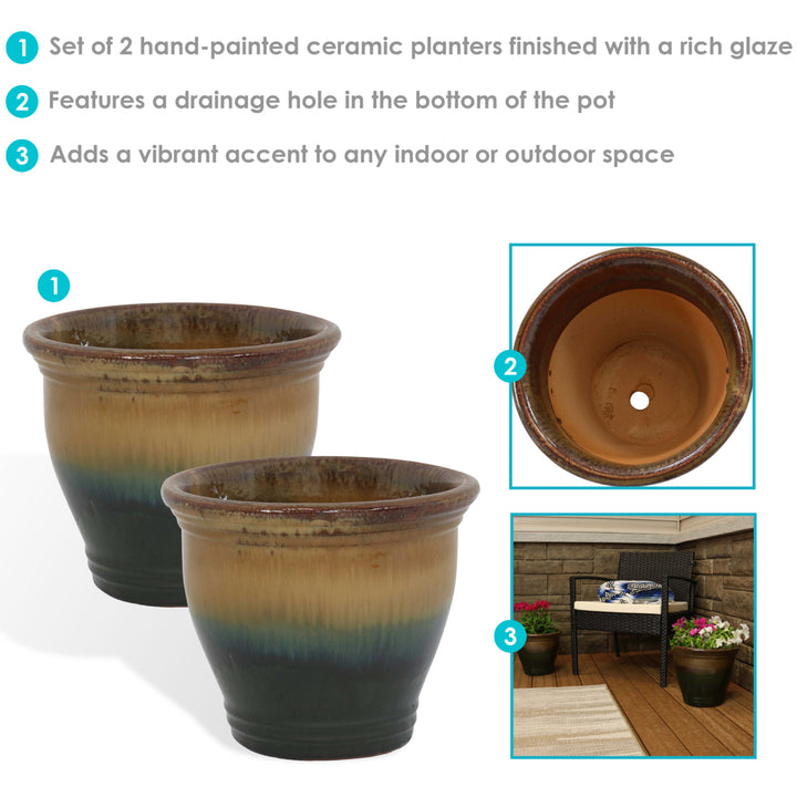 Sunnydaze 11 in Studio Glaze Ceramic Planter - Forest Lake Green - Set of 2 Image 2