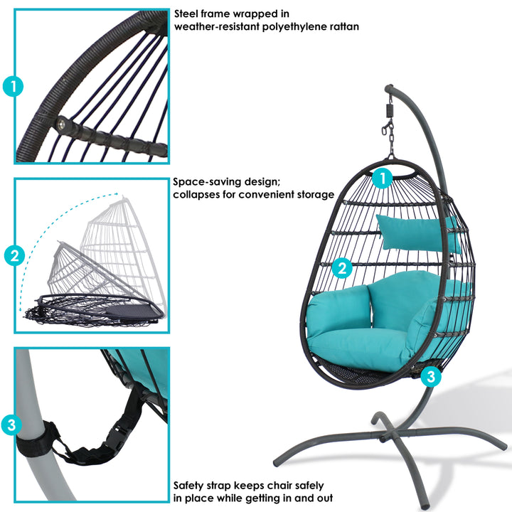 Resin Wicker Hanging Egg Chair with Steel Stand/Cushions - Blue by Sunnydaze Image 4