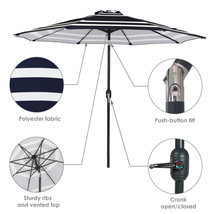 Sunnydaze 9 ft Aluminum Patio Umbrella with Tilt and Crank - Navy Stripe Image 2