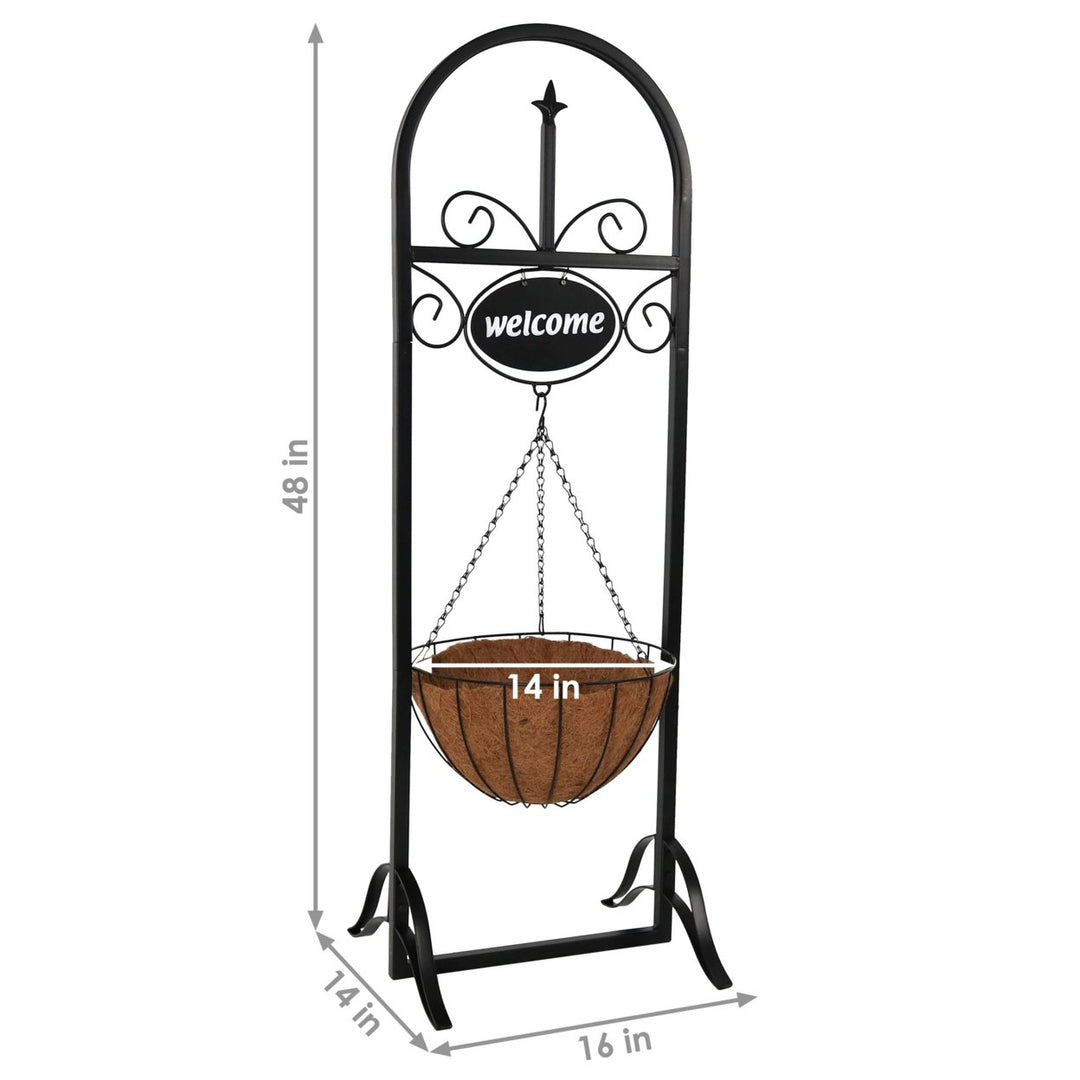 Sunnydaze Black Iron Frame Hanging Basket Planter with Welcome Sign - 48 in Image 3