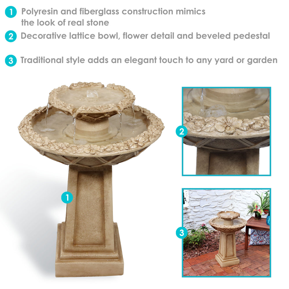 Sunnydaze Beveled Flower Polyresin Outdoor 2-Tier Bird Bath Fountain Image 2