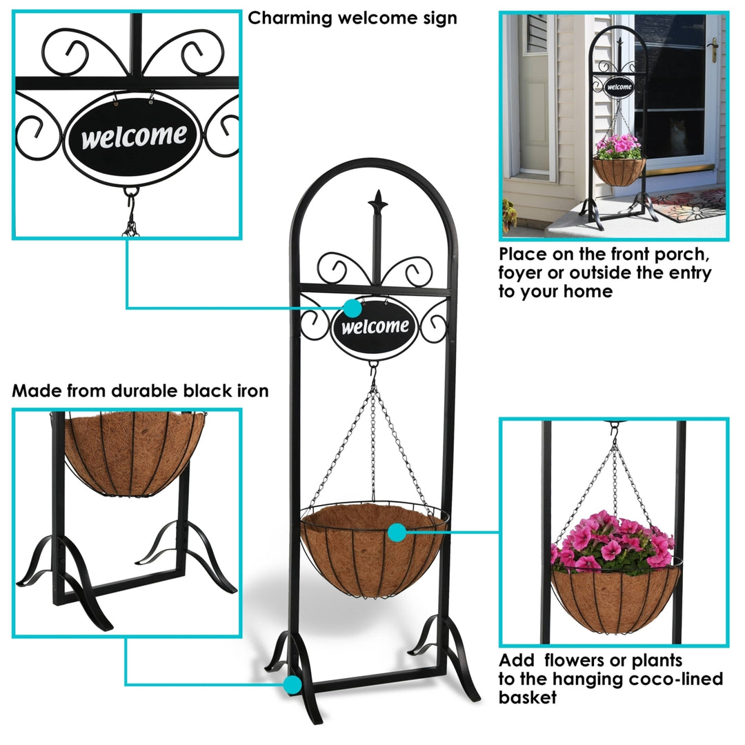 Sunnydaze Black Iron Frame Hanging Basket Planter with Welcome Sign - 48 in Image 2