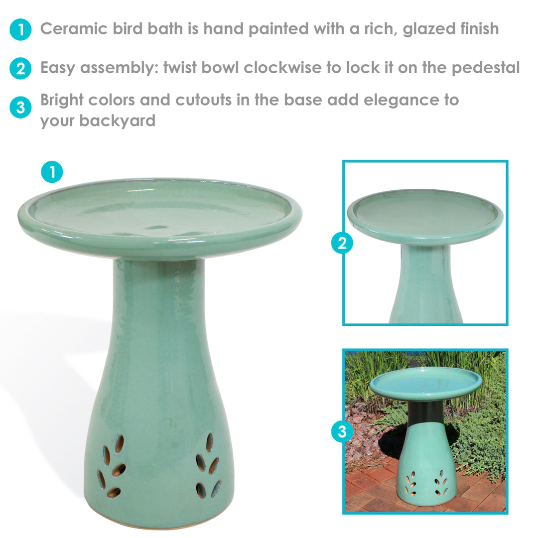 Classic Outdoor Cut-Out Ceramic Bird Bath - 20.5 in - Seafoam by Sunnydaze Image 4